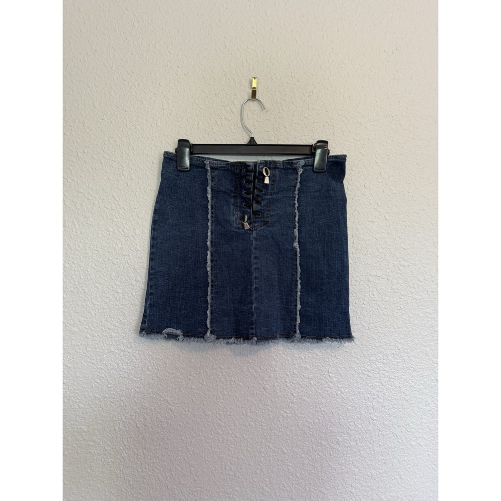 VTG Lace UpDenim Mini Skirt Y2K Size Med Boho Festival Raw Hem 90s Grunge - Picture 2 of 10
